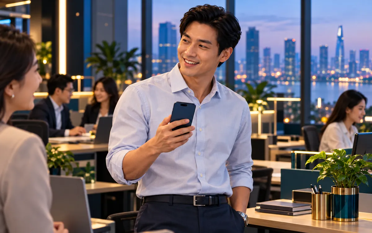 An office employee holding a company iPhone