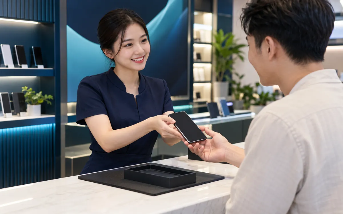 A store counter handing a device to a customer